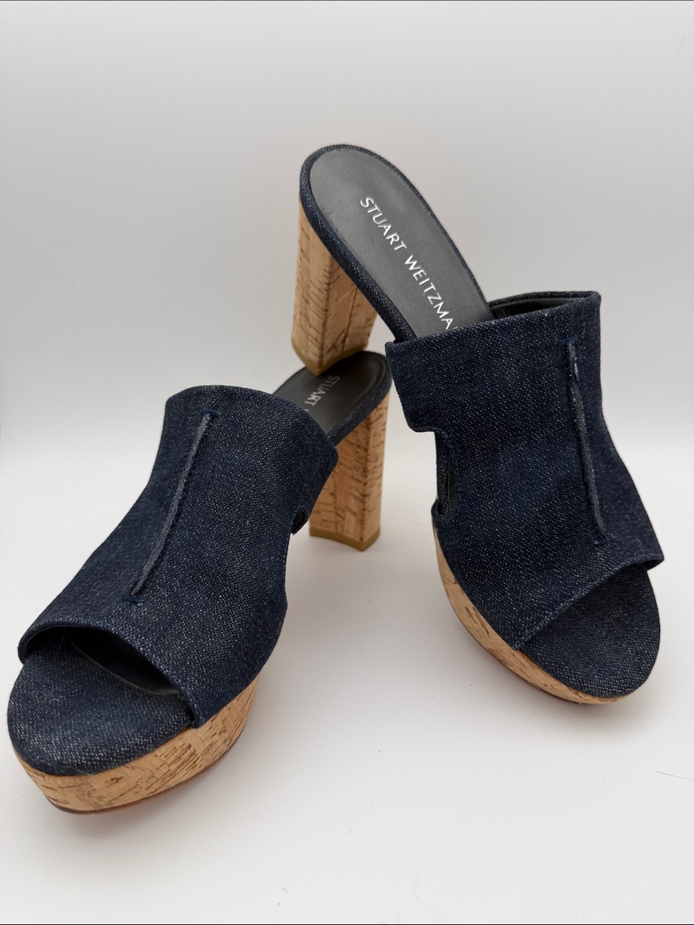 Stuart Weitzman Blue Denim Chunky Cork Platform Heels Size 9 Open Toe Mule Shoes